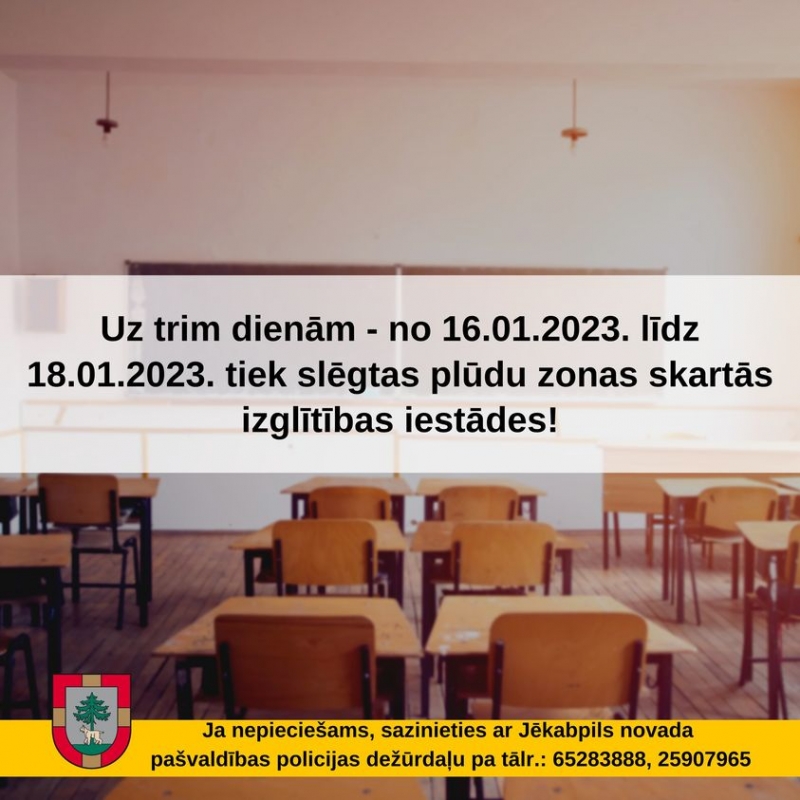 Skolu darbības laiks plūdu laikā - bilde ar īsu tekstu virspusē