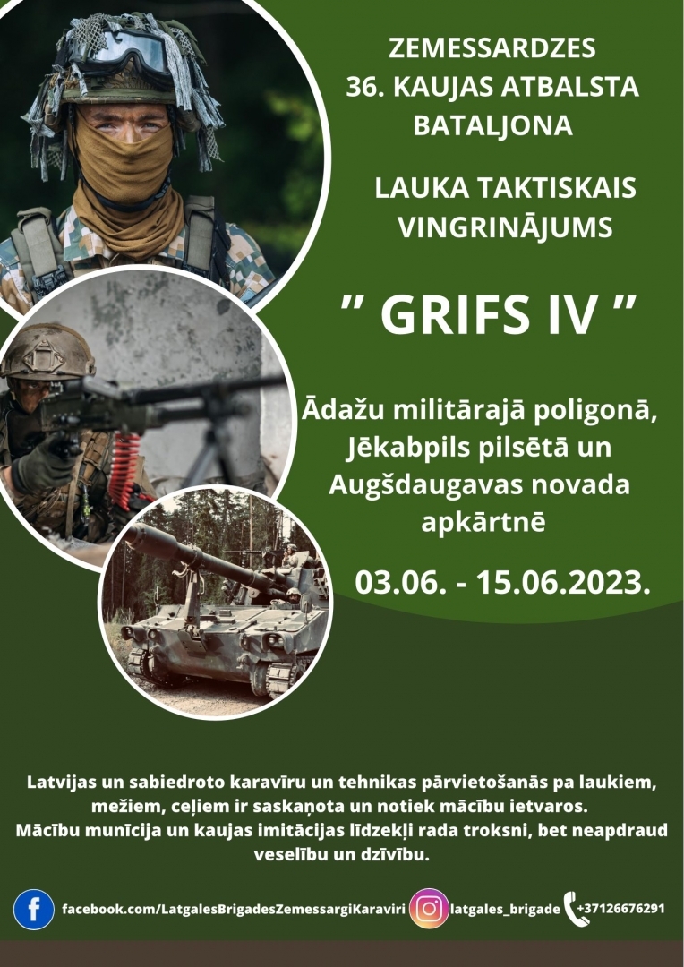 Zemessardzes vingrinājuma "Grifs" infomatīvs plakāts - teksts uz zaļgana fona un bildes ar zemessargiem. Lejpusē kontaktinformācija.