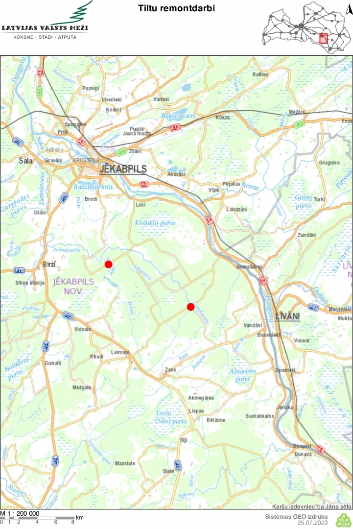 Latvijas valsts mežu karte ar atzīmētiem tiltiem