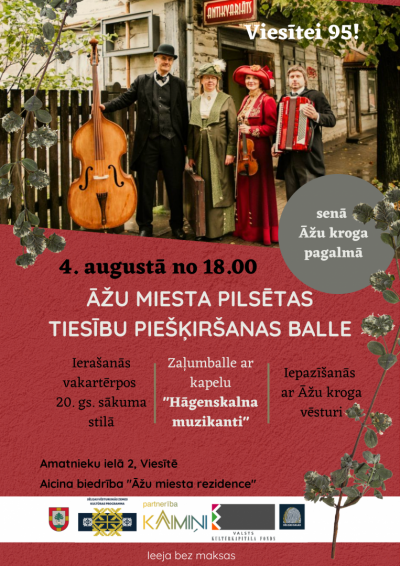 Afiša - teksts uz sārta fona un muzikantu grupas bilde fonā, lejpusē logo