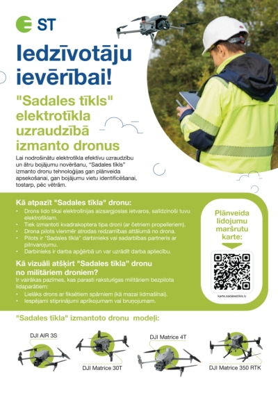 AS "Sadales tīkls" informācija par elektrotīklu uzraudzību, izmantojot dronus