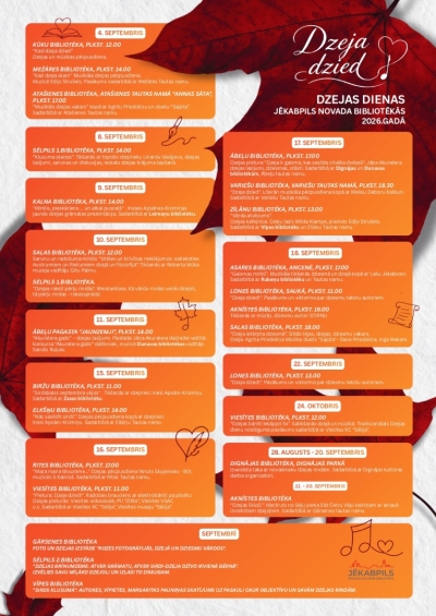Afiša ar Dzejas dienu pasākumiem 2026. gadā Jēkabpils novada teritorijas bibliotēkās
