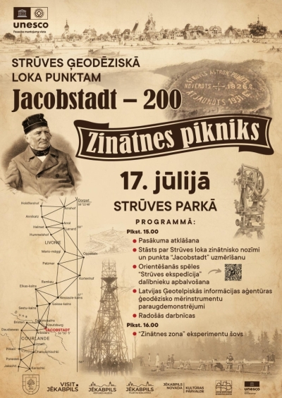 Pasākuma afiša - teksts uz brūngna fona ar strūves ģeodēziskā loka elementiem, projekta logo
