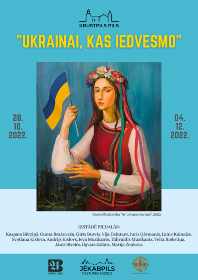 Izstādes afiša - glezna uz zila fona ar tekstu