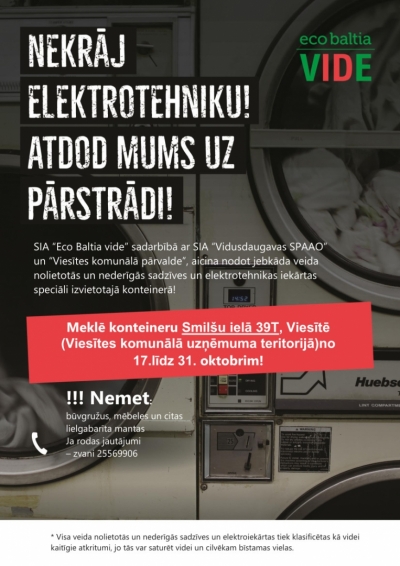 Akcijas plakāts - teksts uz tumša veļasmašīnas fona