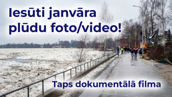 Jēkabpils dambis ziemā, ledus sanesumi, teksts zilganā krāsā pa virsu