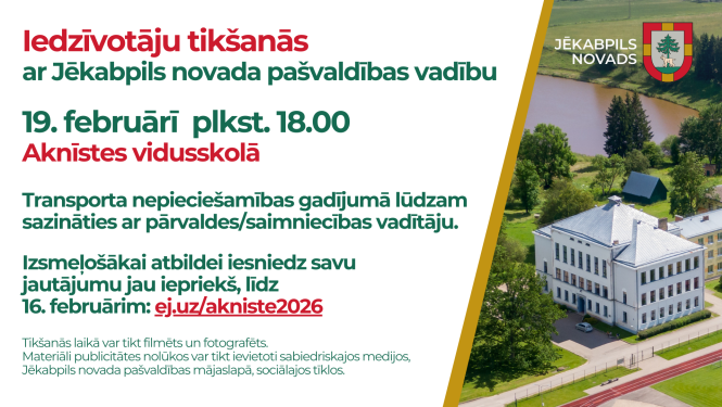 Afiša iedzīvotāju sanāksmei ar tekstu un skolas bildi
