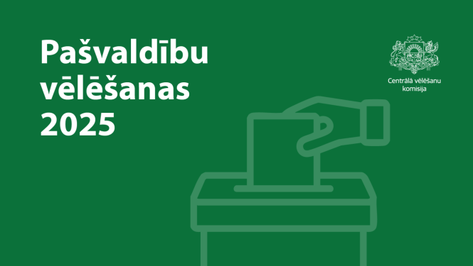 uzraksts pašvaldību vēlēšanas un siluets rokai, kas liek vēlēša nu zīmi balosšanas kastītē