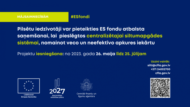 Uzsaukuma plakāts - teksts uz zilgana fona, apakšā logo