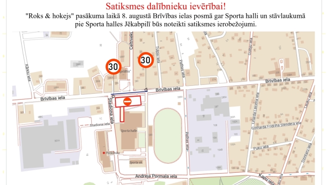 Satiksmes ierobežojumu shēma 8. augustā pie Jēkabpils Sporta halles