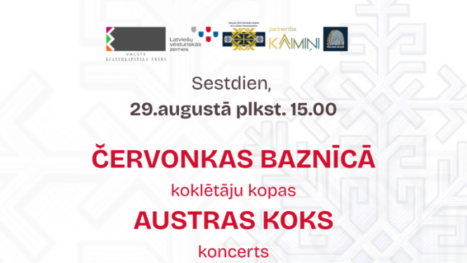 Kokles Červonkas baznīcā - afiša par pasākuma norises laiku, koklētāju bilde, projekta logo