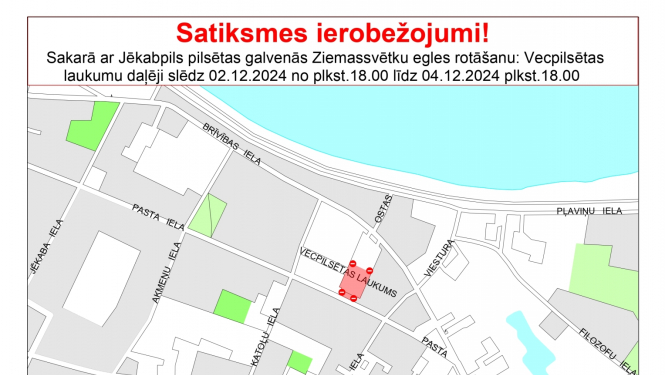 satiksmes ierobežojumu shēma Vecpilsētas laukumā periodā no 2.12.-4.12.2024.