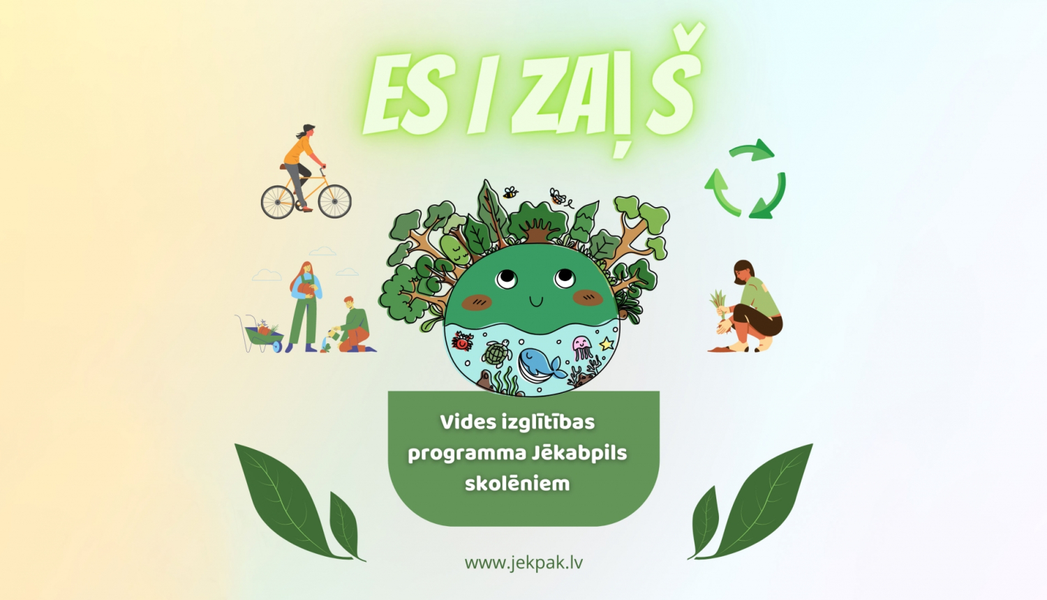 Es i zaļš plakāts - teksts uz zīmēta fona