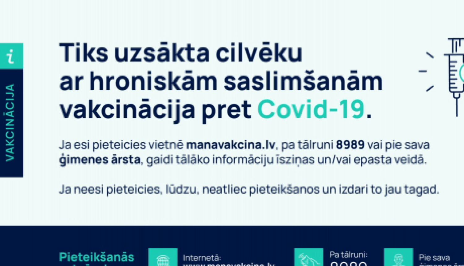 Vakcinācijai tiek atvērta jauna prioritārā grupa – iedzīvotāji ar hroniskajām saslimšanām
