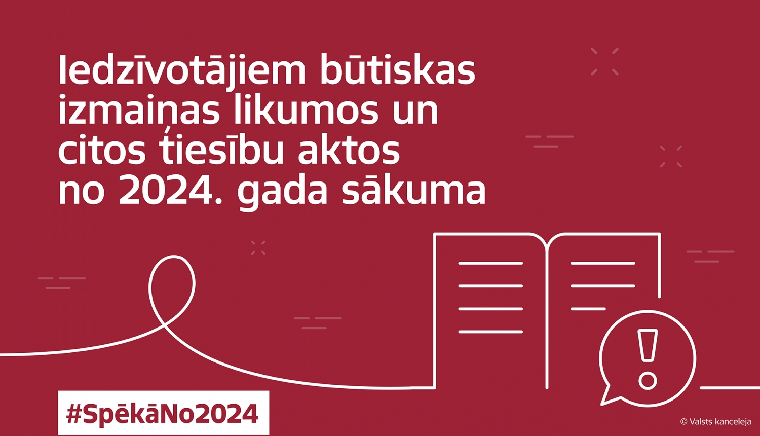 Virsraksts baltā tekstā uz sarkanīga fona, kontūra labām ar tekstu un izsaukuma zīmei, tēmturis Spēkā no 2024