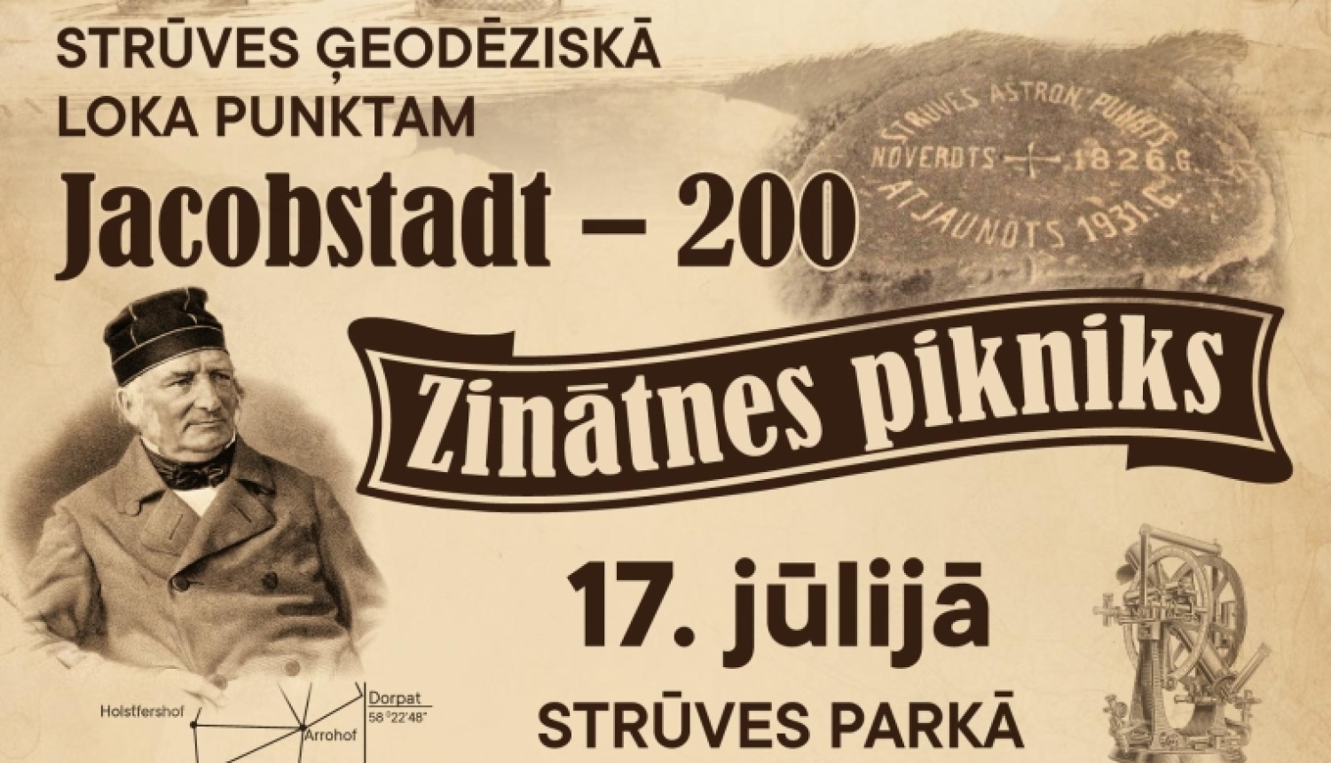 Pasākuma afiša - teksts uz brūngna fona ar strūves ģeodēziskā loka elementiem, projekta logo