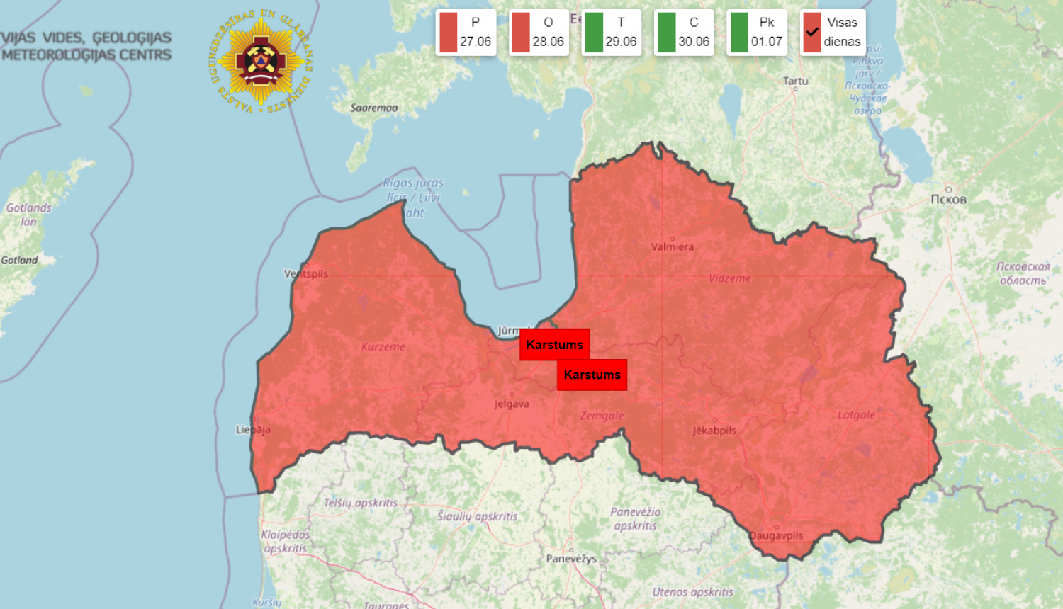 Latvijas karte ar iezīmētu karstuma zonu