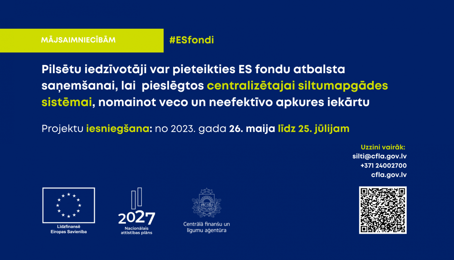 Uzsaukuma plakāts - teksts uz zilgana fona, apakšā logo