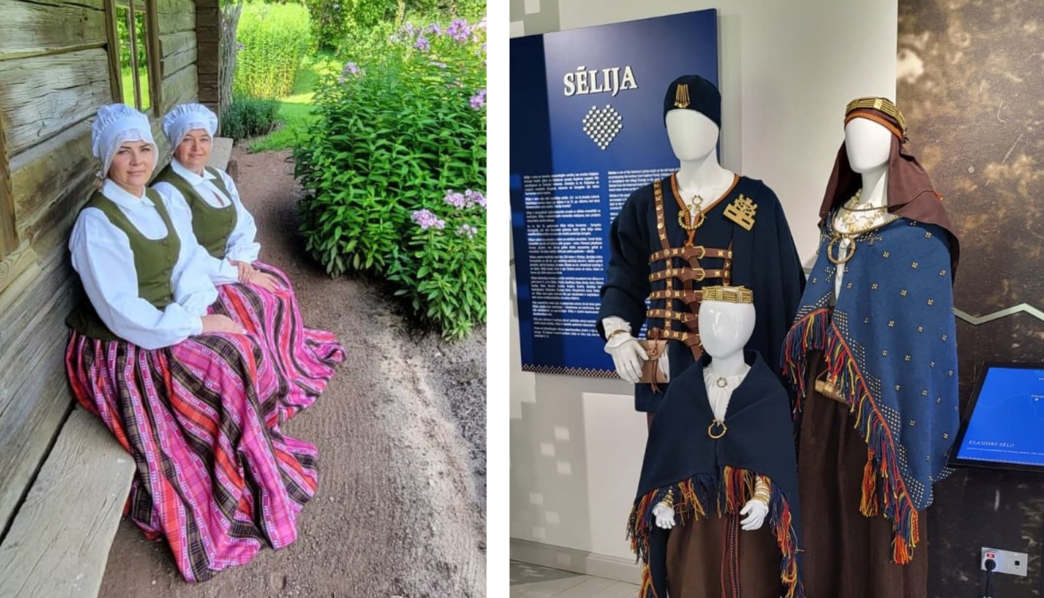 Sēļu tērpi - Etnogrāfiskais (divas dāmas) un arheoloģiskais (vīrietis, sieviete, meitenīte)
