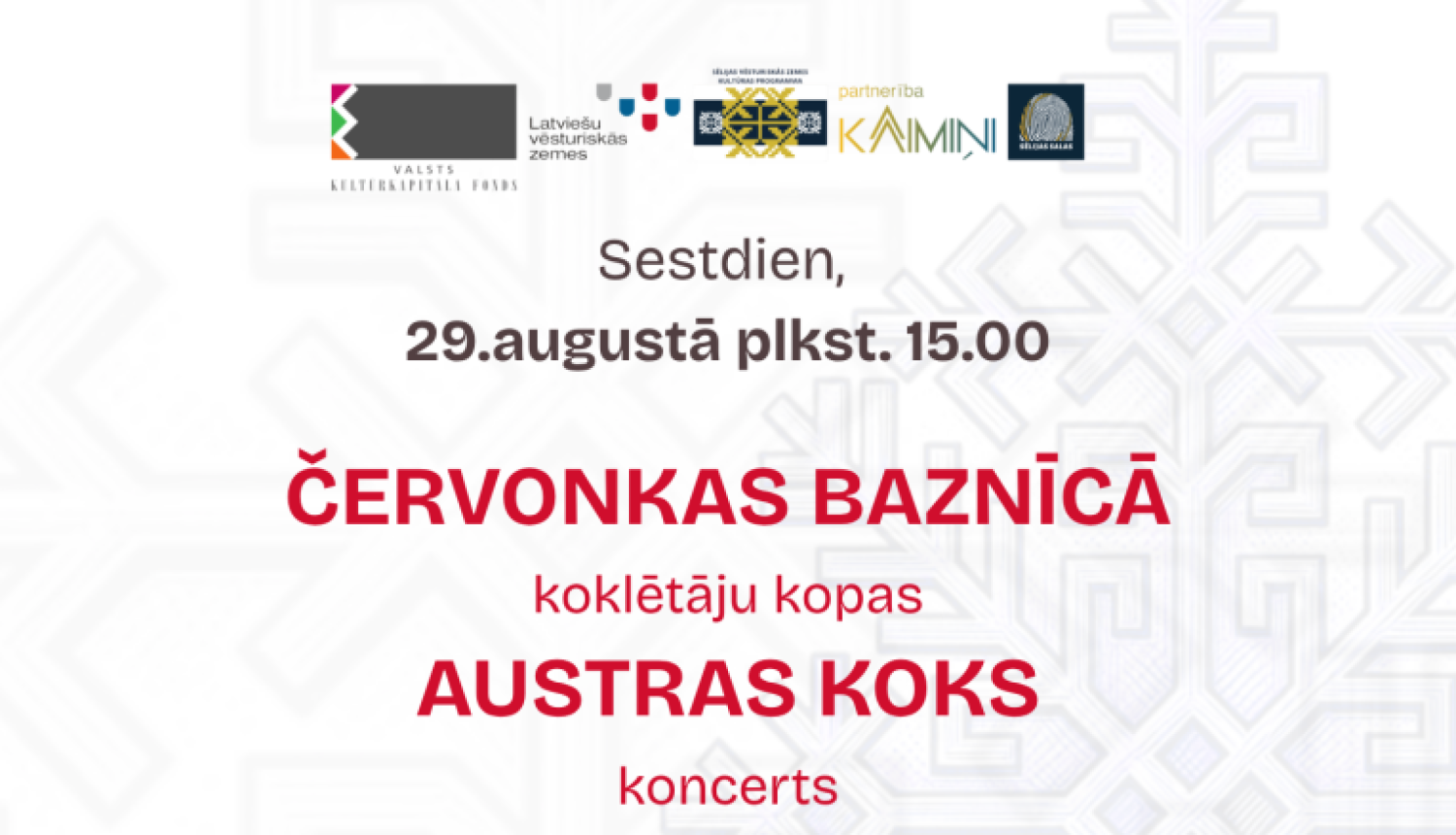 Kokles Červonkas baznīcā - afiša par pasākuma norises laiku, koklētāju bilde, projekta logo