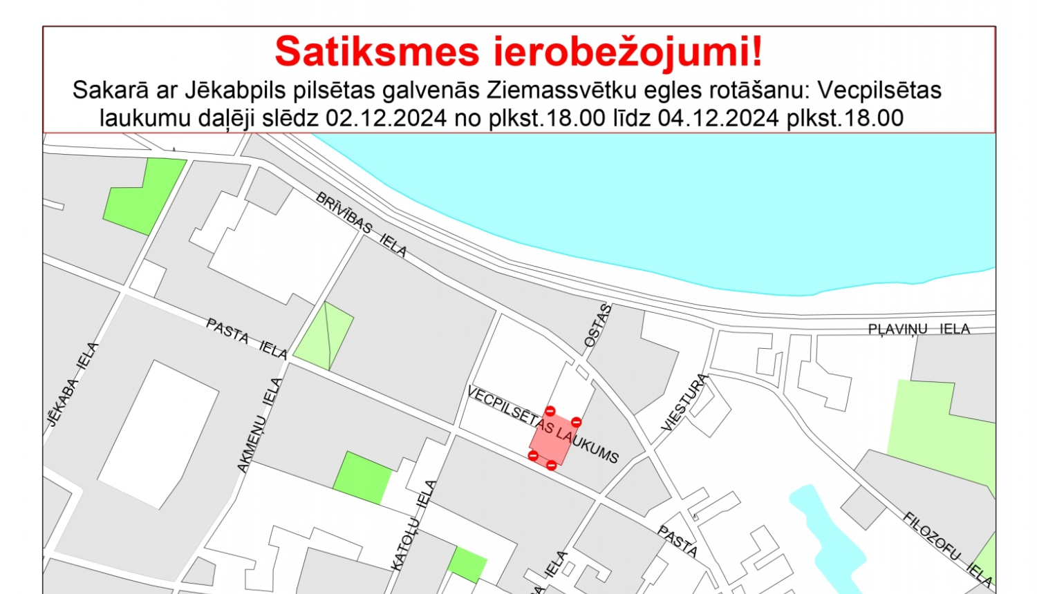 satiksmes ierobežojumu shēma Vecpilsētas laukumā periodā no 2.12.-4.12.2024.