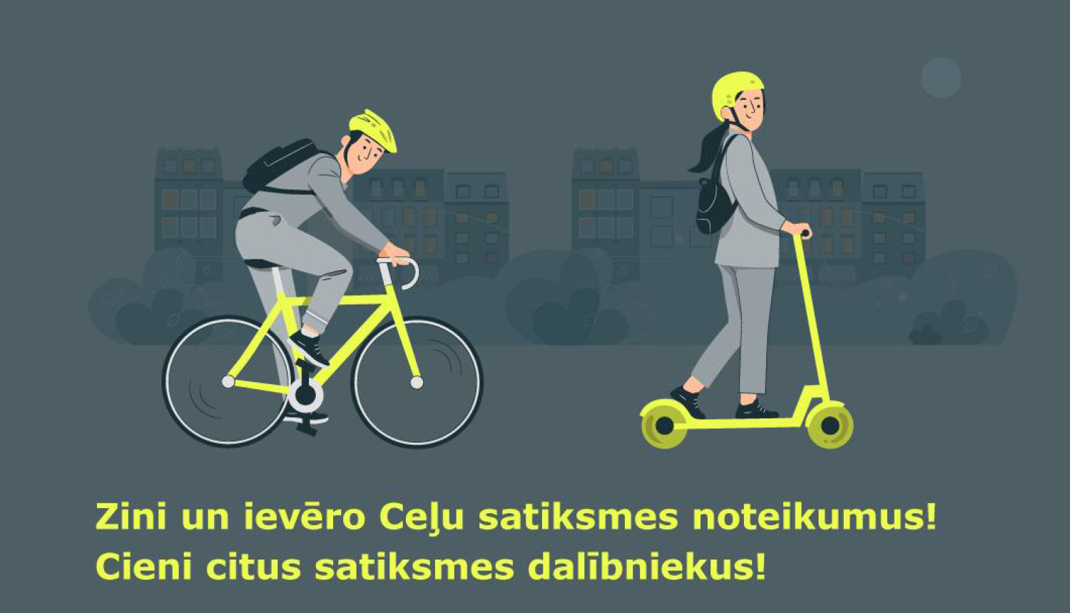 Zīmēts riteņbraucējs un elektro skrejriteņa lietotājs ar ķiverēm