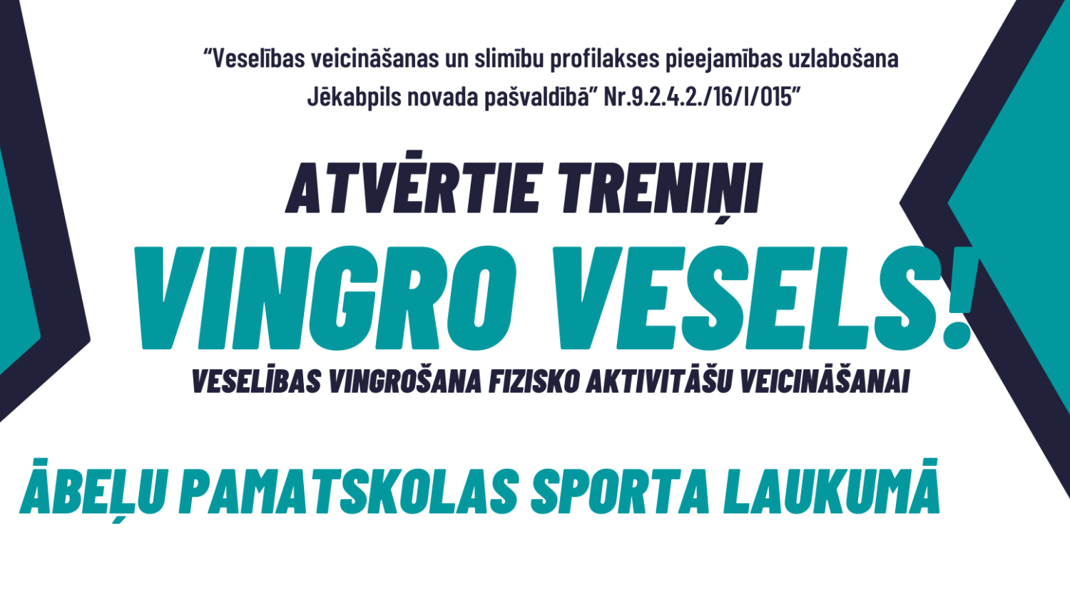 teksts atvērtie treniņi, vingro vesels iz tirkīza un baltas krāsas fona