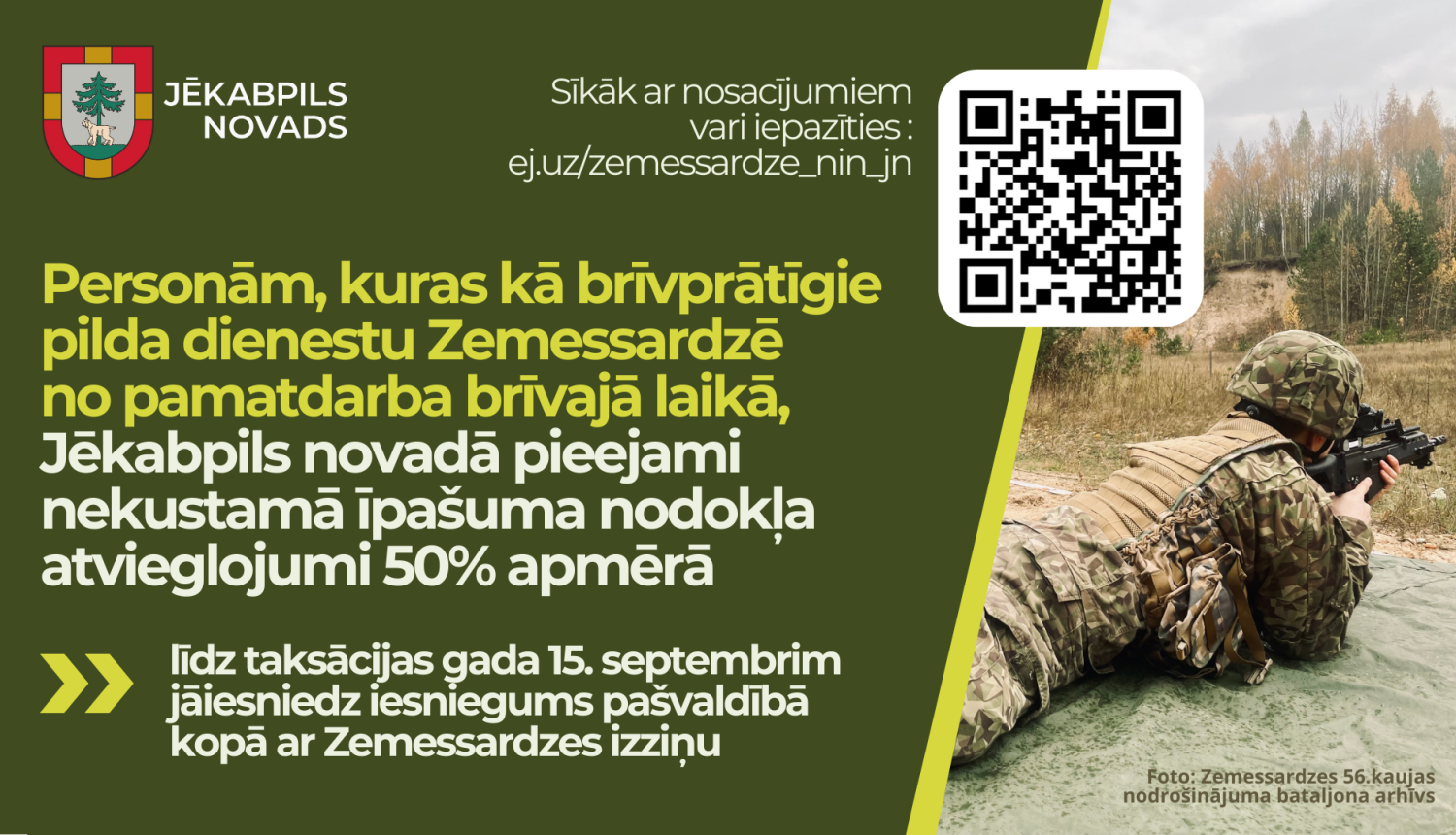 Uzmanību pievērsošs plakāts ar tekstu un zemessarga bildi treniņapmācībās