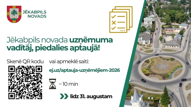 Aptaujas informatīvs plakāts ar bildi, kvadrātkodu, saiti un  aizpildīšanas termiņu
