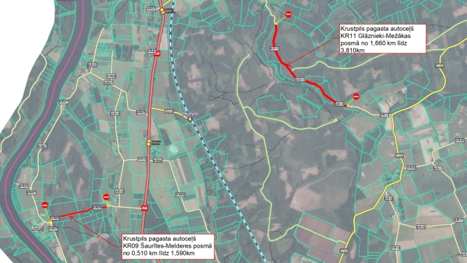 karte Krustpils pagastā ar slēgtajiem ceļu posmiem (25.08.2026.)