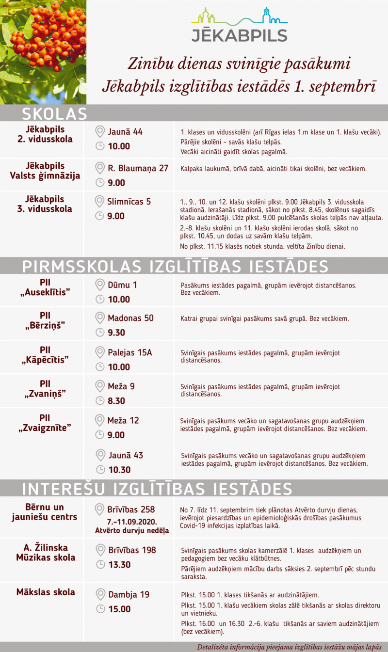 Zinību dienas svinīgie pasākumi 1.septembrī Jēkabpils izglītības iestādēs