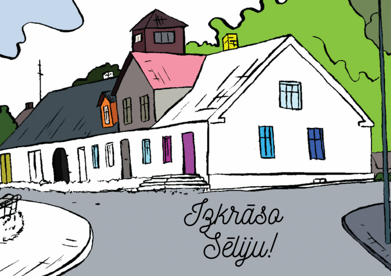 Āžu miesta kontūra ar dažādi izkrāsotiem krāsu laukumiem un uzrakstu Izkrāso Sēliju