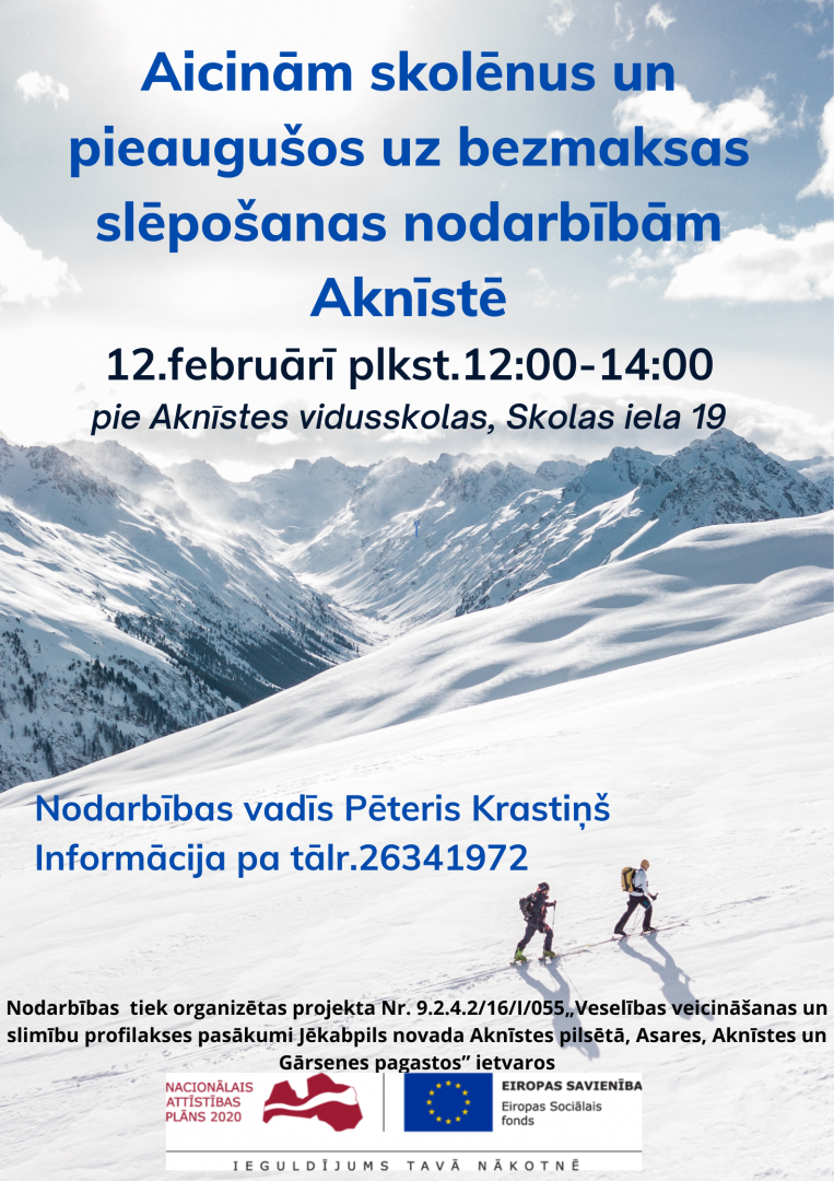 Slēpošanas afiša- teksts uz sniegotu kalnu fona