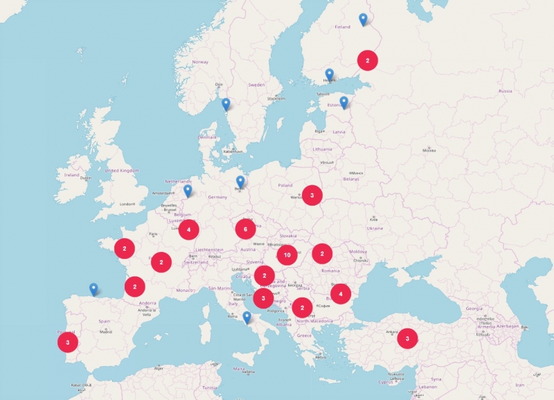 Karte ar brīvprātīgā darba iespējām Eiropā 2022. gada vasarā