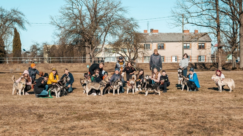 kopbilde - jaunieši ar haskijiem