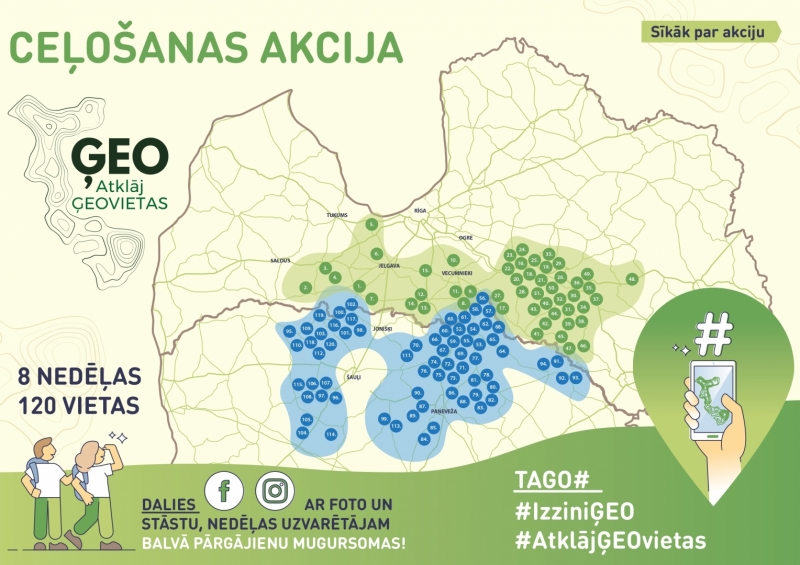 akcijas karte ar būtiskāko informāciju tekstuāli un atzīmētiem apsaktes objektiem