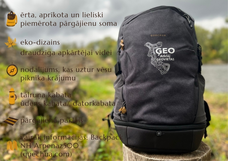 Akcijas plakāts - mugursoma novietota upes krastā, pa virsu informatīvs teksts