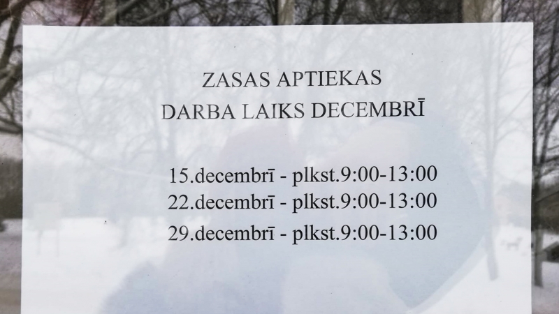 Zasas aptiekas darba laiks - 22. decembrī plkst. 9.00 līdz 13.00, 29. decembrī - plkst. 9.00 līdz 13.00.
