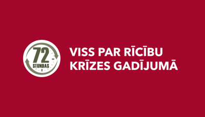 72 stundu logo uz sarkana fona un teksts viss par rīcību krīzes gadījumā