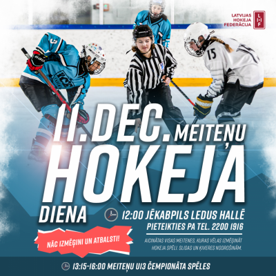 Afiša - teksts virs bildes ar hokejistiem uz laukuma