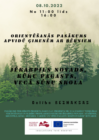 Orientēšanās pasākuma afiša - teksts uz zaļgana meža fona
