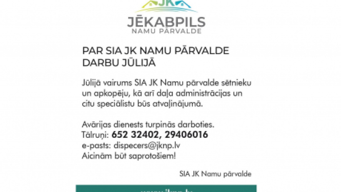 Par SIA JK Namu pārvalde darbu jūlijā
