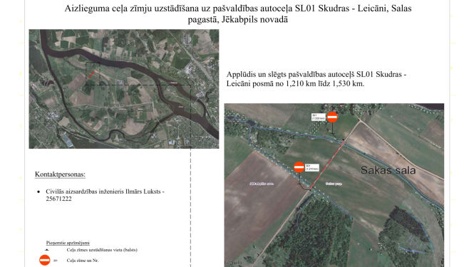 Karte ar iezīmētu posmu, kurš applūšanas dēļ ir slēgts