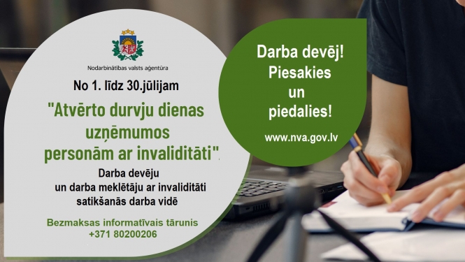 Nodarbinātības valsts aģentūras plakāts ar tekstu un bildi fonā, kur kāds kaut ko pieraksta žurnālā