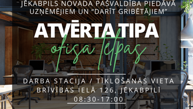 Plakāts ar informatīvu tekstu gaišā krāsā uz tumša fona ar biroja telpas attēlu vēl dziļāk fonā