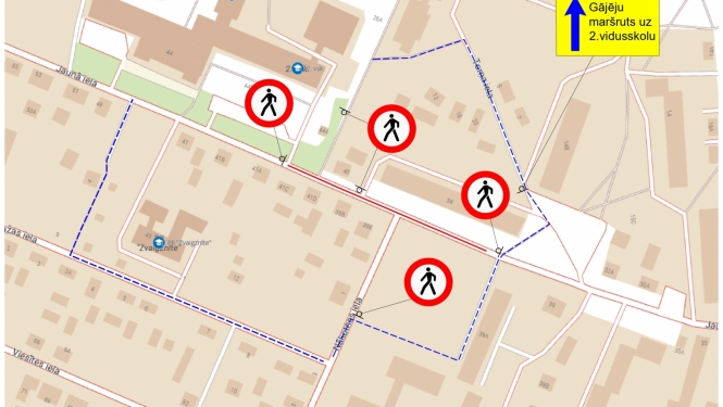 karte, kurā parādīta satiksmes shēma Jaunajā ielā