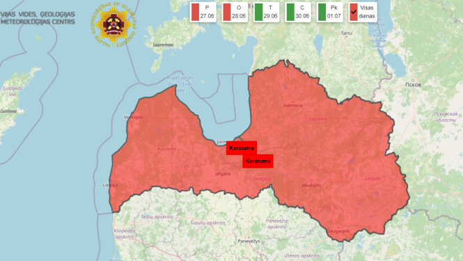 Latvijas karte ar iezīmētu karstuma zonu
