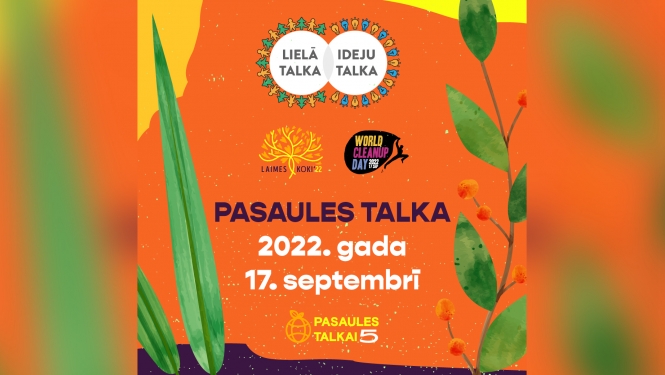 Pasaules talka - afiša ar tekstu uz oranža un zaļa fona