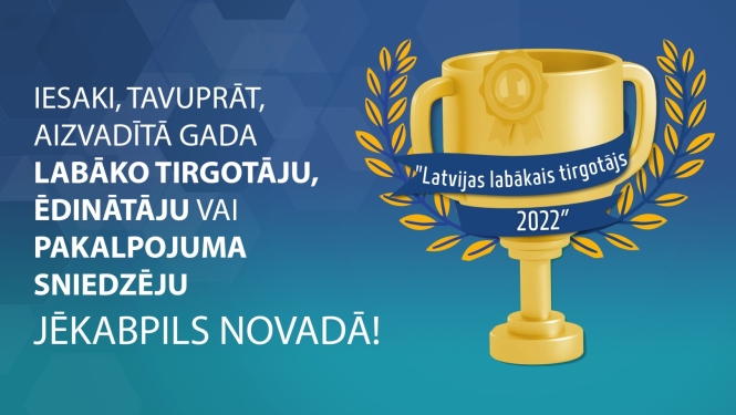 Plakāts - kauss ar tekstu uz zilgana fona ar uzsaukumu ieteikt pretendentus