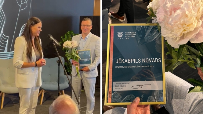 Jēkabpils novada pašvaldība saņem godalgu - pa kreisi bilde, kur to priekšsēdētājam pasniedz SIA Rītausma valdes locekle, pa labi - Bronzas diploms un puķe
